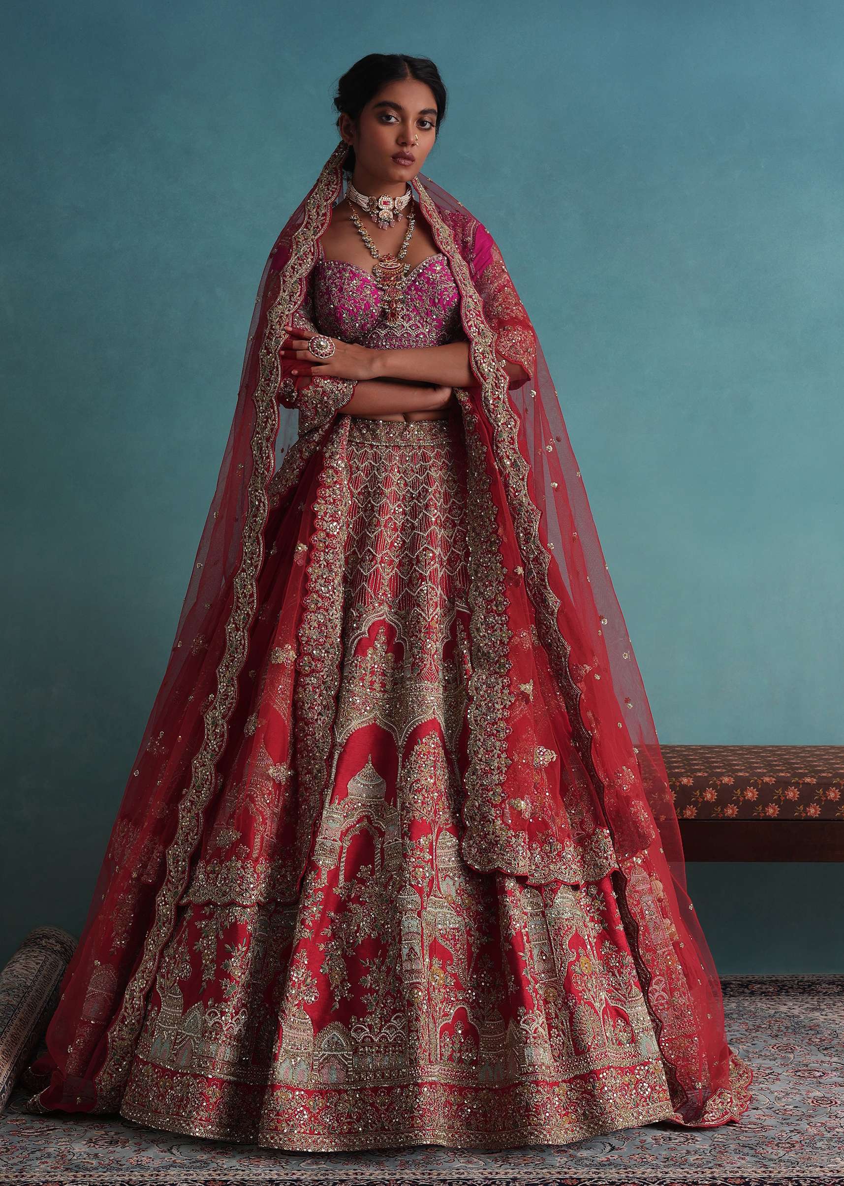 Tomato Red Embroidered 12 Kali Bridal Lehenga In Raw Silk With Cherry Pink Blouse And Veil Dupatta