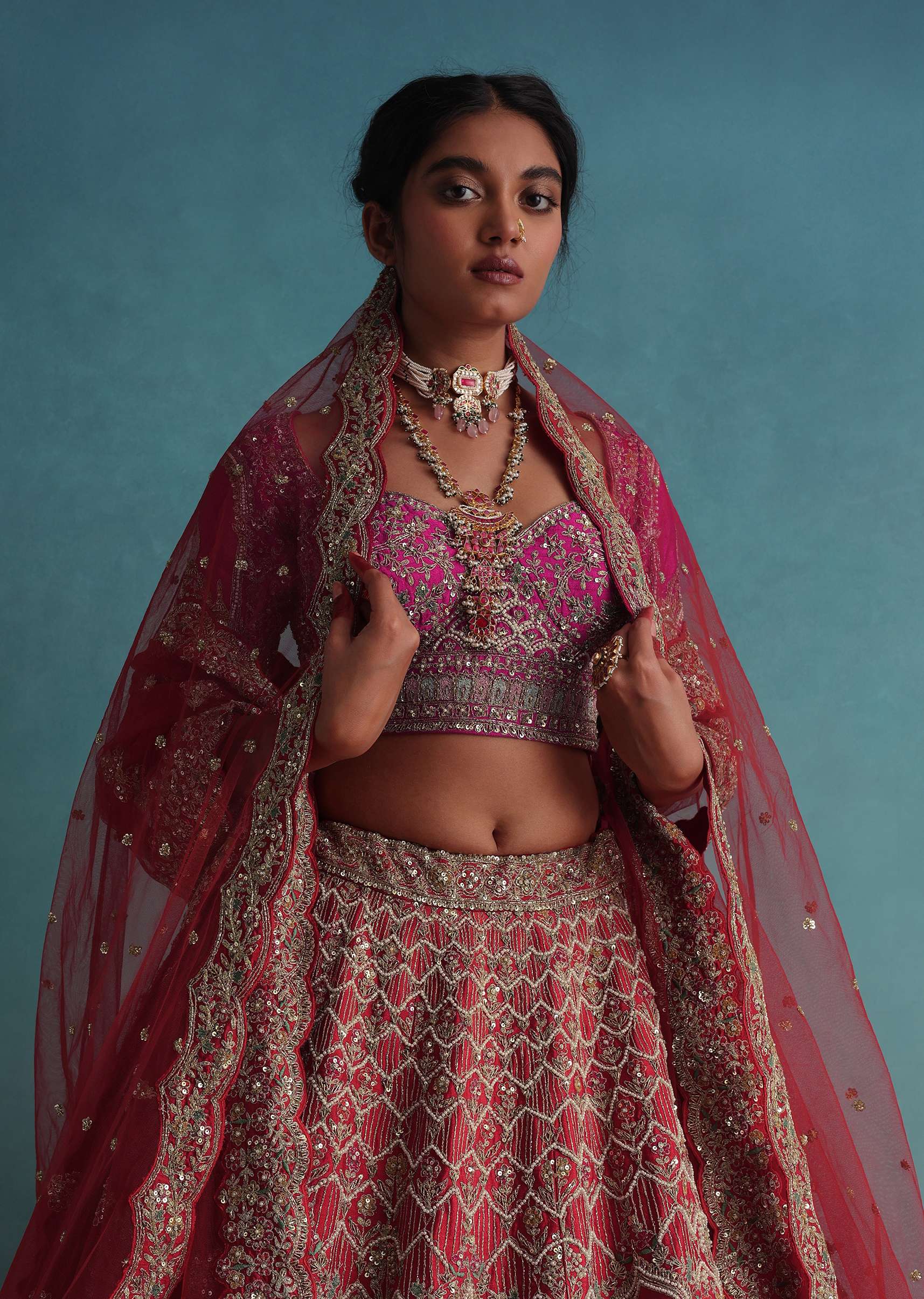 Tomato Red Embroidered 12 Kali Bridal Lehenga In Raw Silk With Cherry Pink Blouse And Veil Dupatta