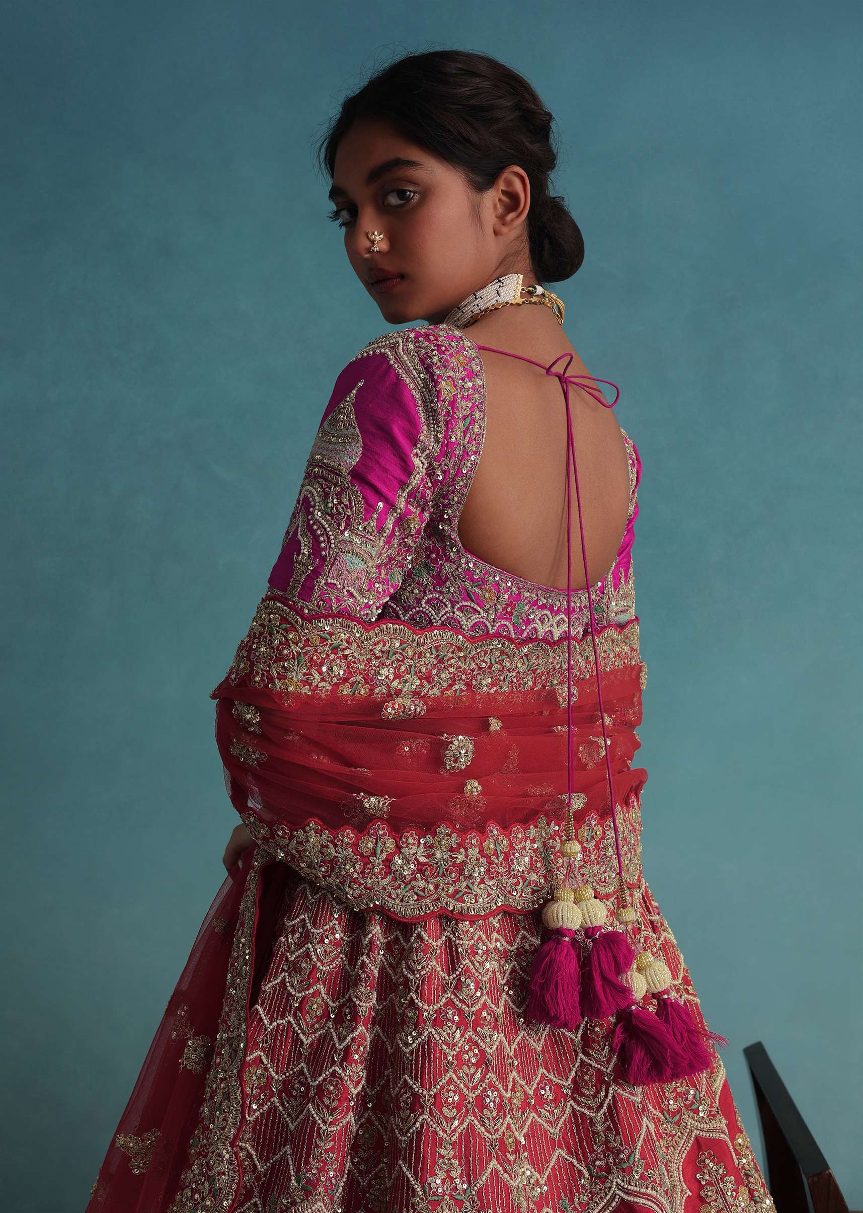 Tomato Red Embroidered 12 Kali Bridal Lehenga In Raw Silk With Cherry Pink Blouse And Veil Dupatta