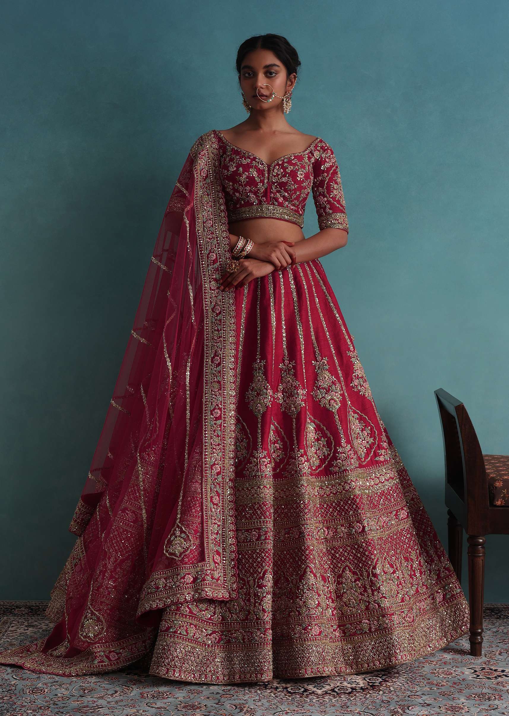 Tomato Red Embroidered 16 Kali Bridal Lehenga In Raw Silk With Floral Hand Embroidery