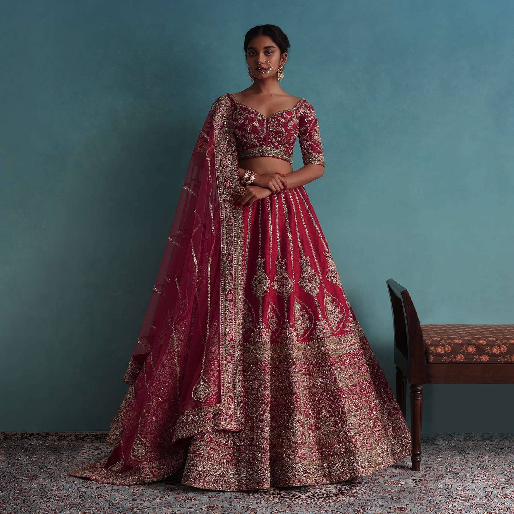 Tomato Red Embroidered 16 Kali Bridal Lehenga In Raw Silk With Floral Hand Embroidery