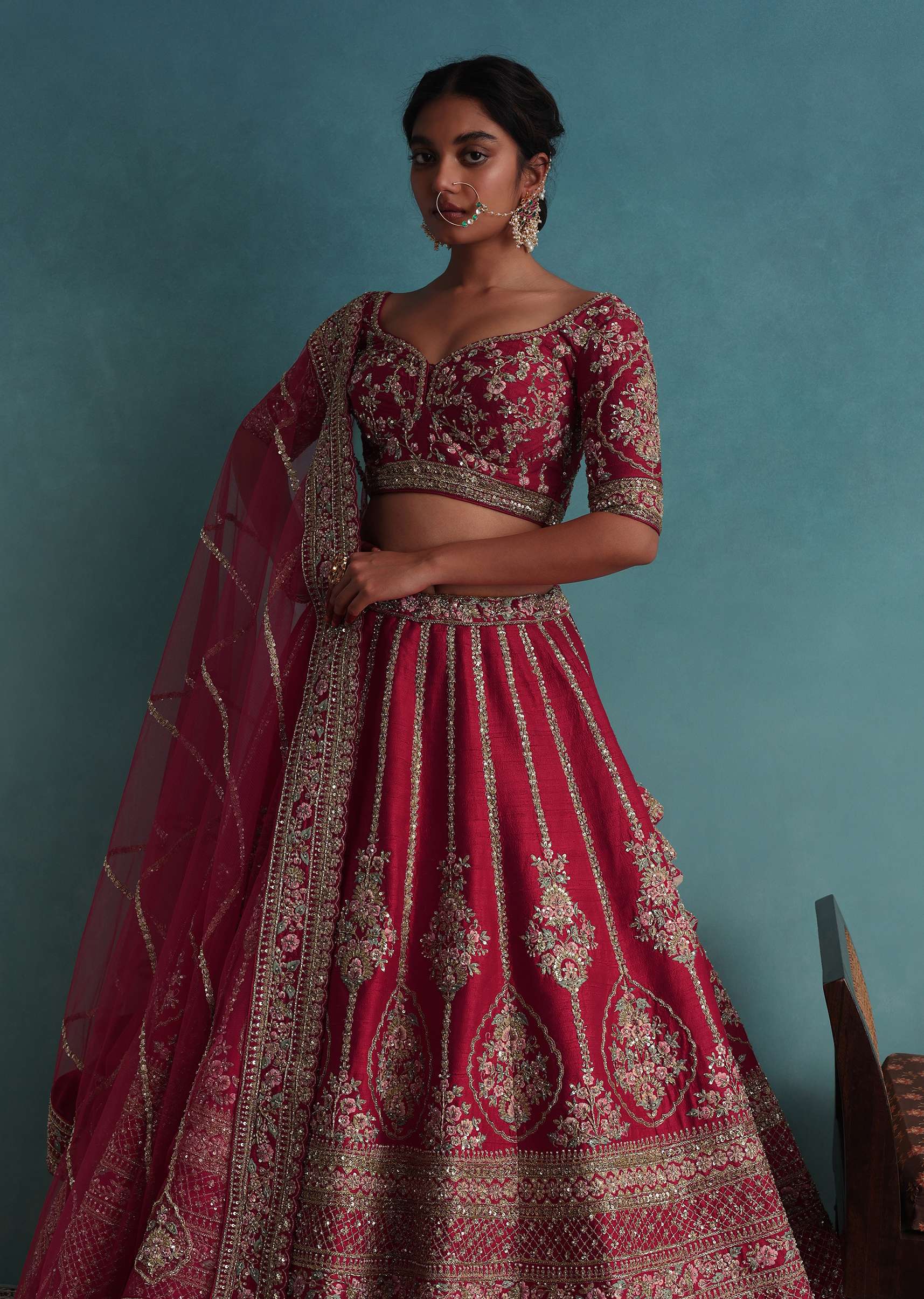 Tomato Red Embroidered 16 Kali Bridal Lehenga In Raw Silk With Floral Hand Embroidery