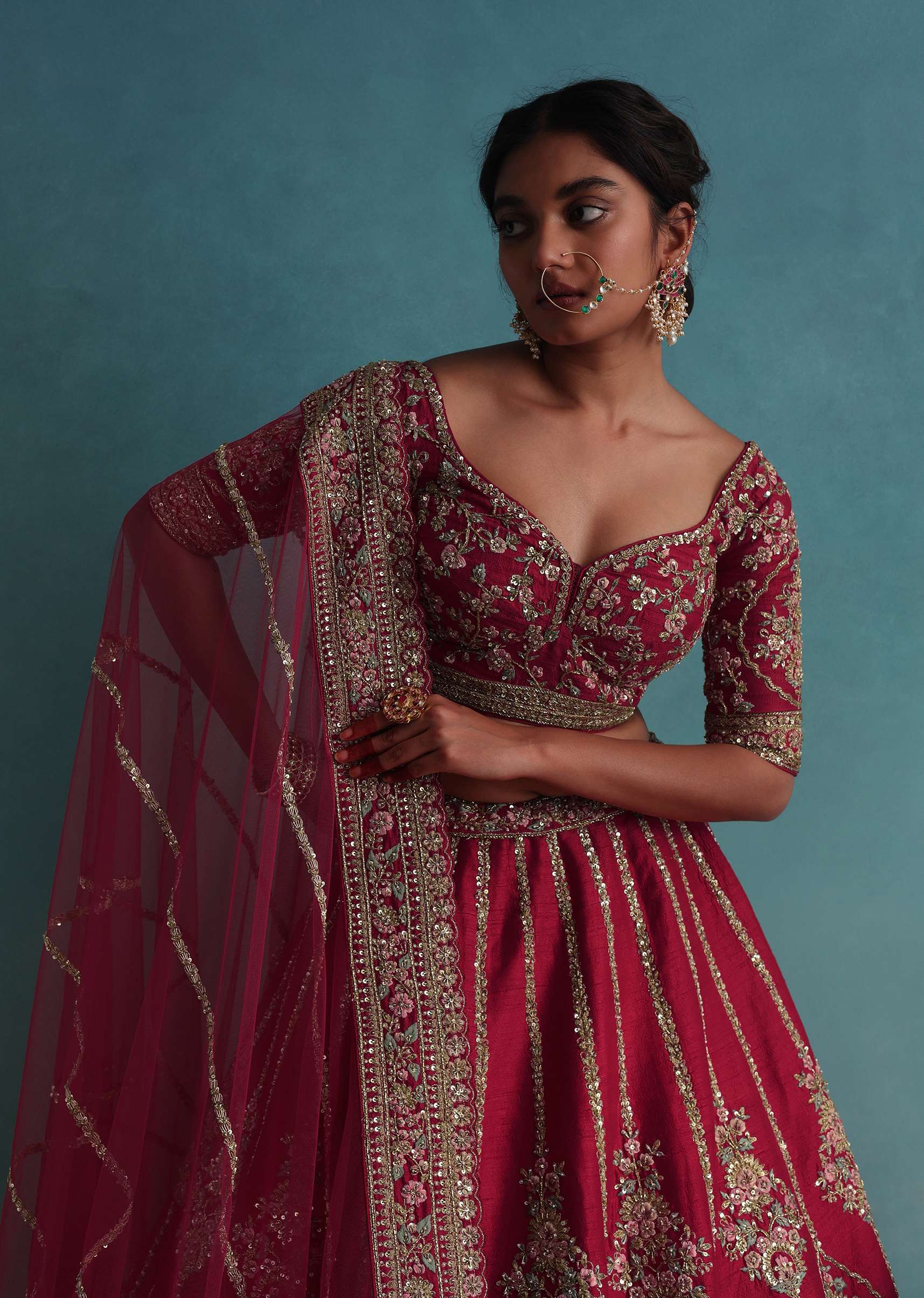 Tomato Red Embroidered 16 Kali Bridal Lehenga In Raw Silk With Floral Hand Embroidery