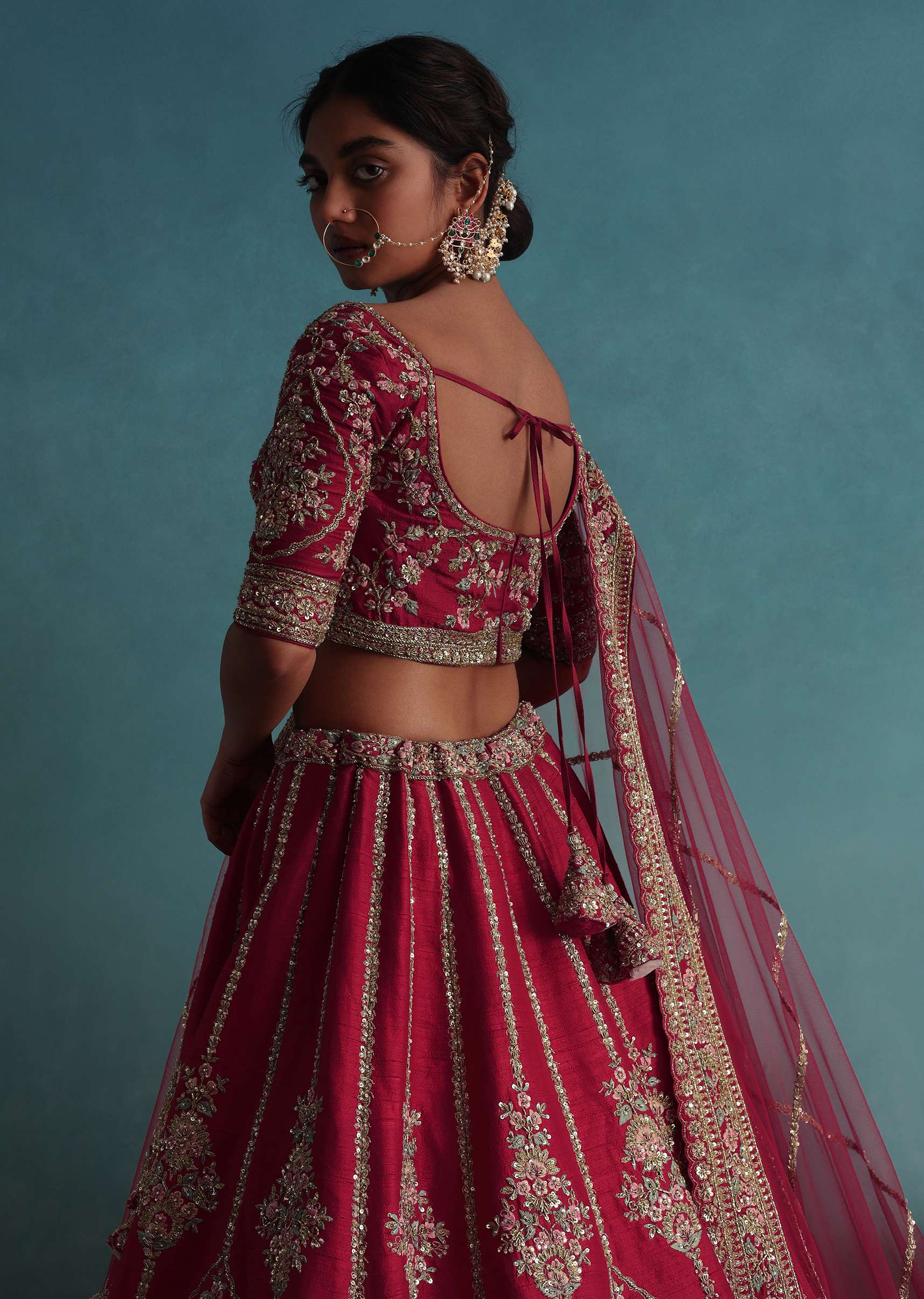 Tomato Red Embroidered 16 Kali Bridal Lehenga In Raw Silk With Floral Hand Embroidery