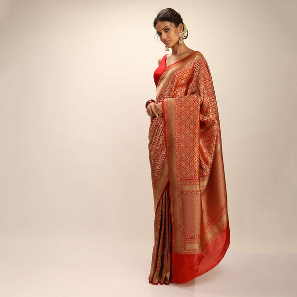 Tomato Red Saree In Pure Handloom Silk With Golden Woven Moroccan Jaal And Multi Colored Highlights
