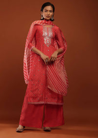 Rose Red Straight Cut Palazzo Suit With Bandhani Print And Gotta Work On The Yoke And A Lehariya Dupatta