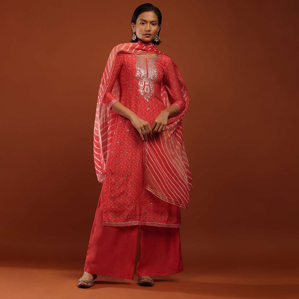 Rose Red Straight Cut Palazzo Suit With Bandhani Print And Gotta Work On The Yoke And A Lehariya Dupatta