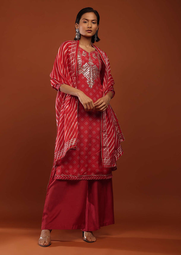 Fiery Red Straight Cut Palazzo Suit With Bandhani Print And Gotta Patti Embrodiered Yoke Design