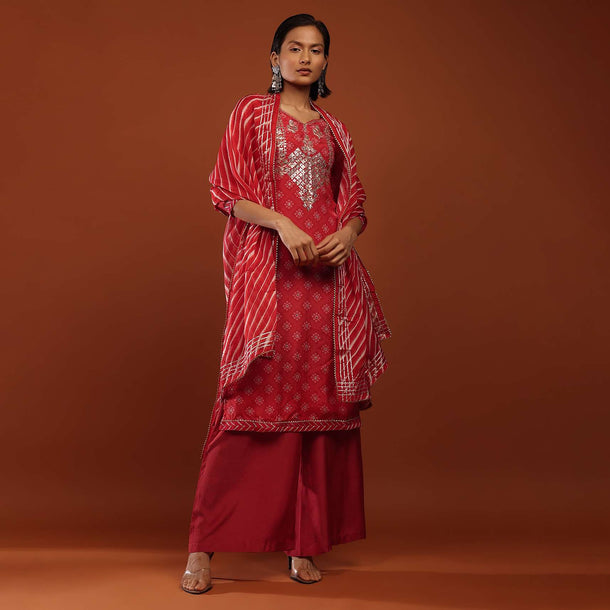 Fiery Red Straight Cut Palazzo Suit With Bandhani Print And Gotta Patti Embrodiered Yoke Design