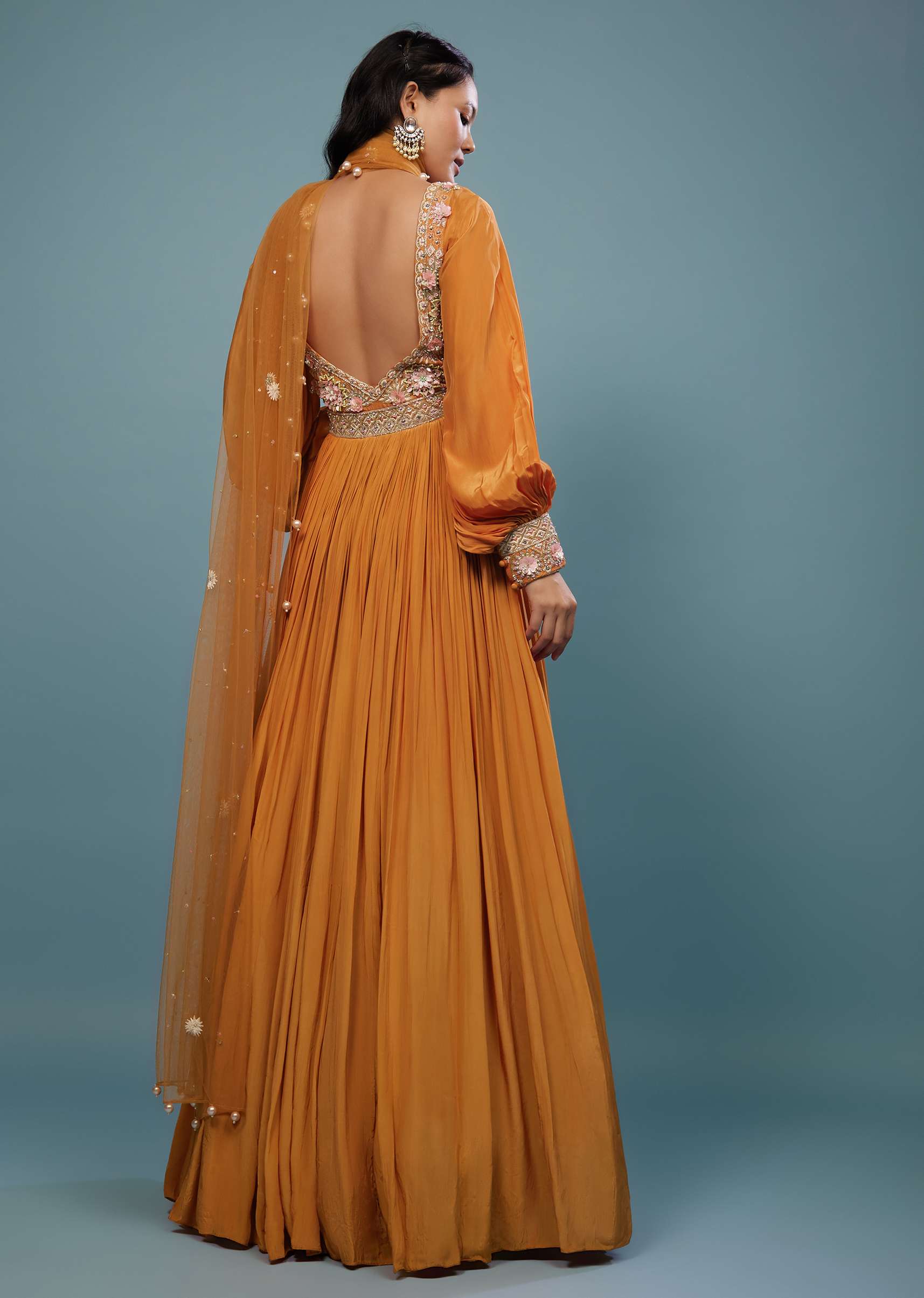 Fire Orange Embroidered Anarkali Suit In Crepe