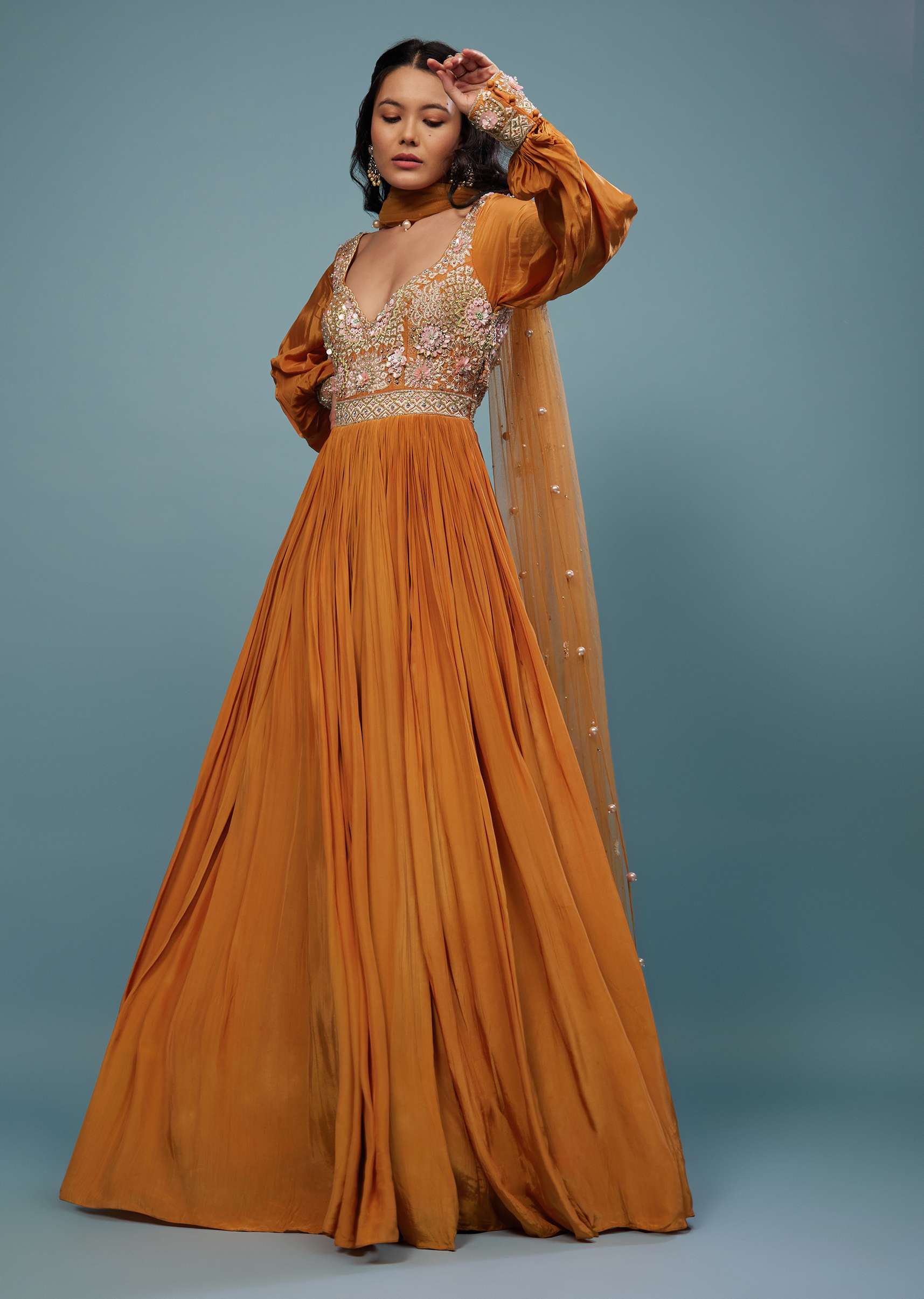 Fire Orange Embroidered Anarkali Suit In Crepe