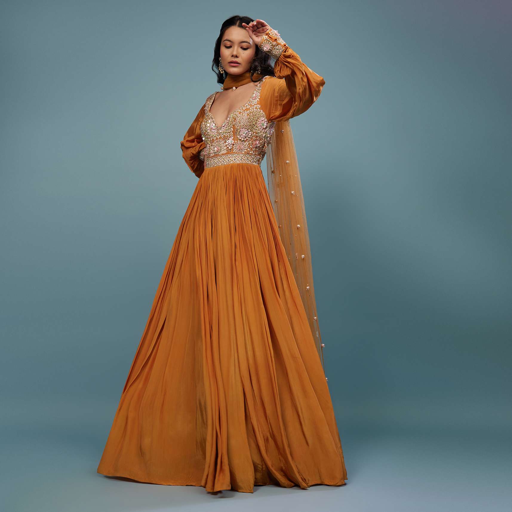 Fire Orange Embroidered Anarkali Suit In Crepe