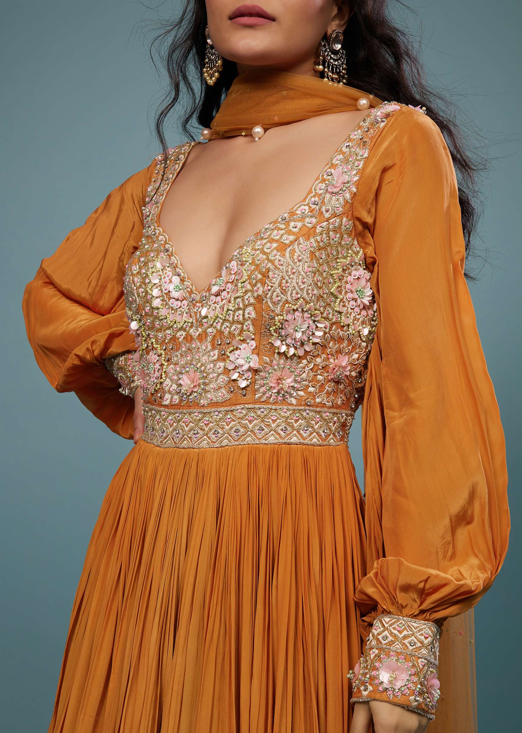 Fire Orange Embroidered Anarkali Suit In Crepe