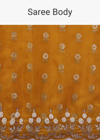 Ocher Yellow Silk Saree With Foil Print And Embroidery
