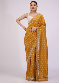 Ocher Yellow Silk Saree With Foil Print And Embroidery