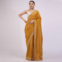 Ocher Yellow Silk Saree With Foil Print And Embroidery