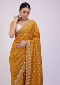 Ocher Yellow Silk Saree With Foil Print And Embroidery