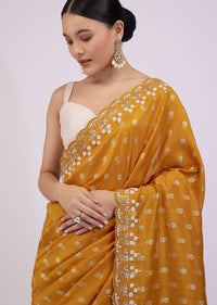 Ocher Yellow Silk Saree With Foil Print And Embroidery
