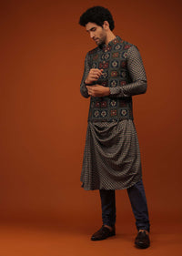 Total Eclipse Blue Nehru Jacket And Kurta Set In Floral Bandhani Print, Matching Print Kurta In Mandarin In Full Sleeves