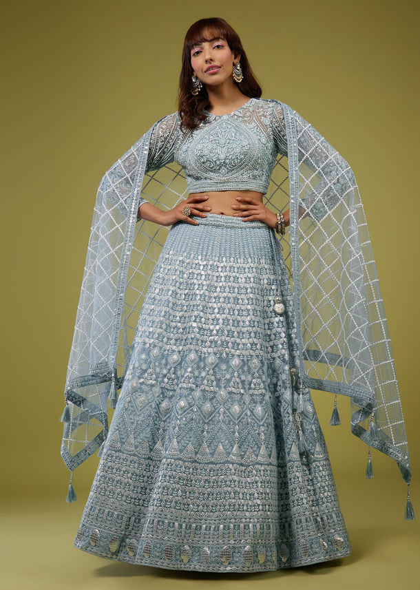 Powder Blue Embroidered Lehenga Set In Organza