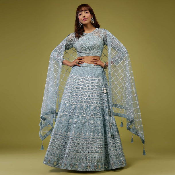 Powder Blue Embroidered Lehenga Set In Organza