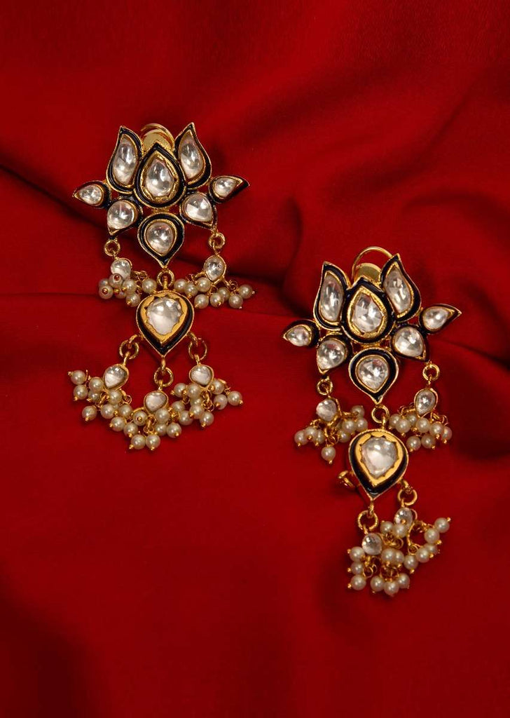 Traditional lotus earring with kundan and moti drops