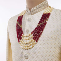 Traditional Maroon Red Beaded And Ivory Pearl Mala