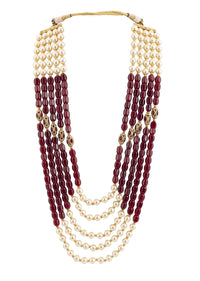 Traditional Maroon Red Beaded And Ivory Pearl Mala