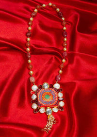 Tribal style multi color beaded necklace with a hand painted wooden red pendant only on Kalki