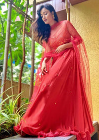 Coral Anarkali Suit With Geometric Shaped Mirror Accented Bodice And Fun Layered Hemline