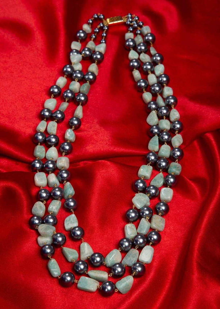 Triple string layer necklace adorn with mint green marble stone and grey pearls only on Kalki