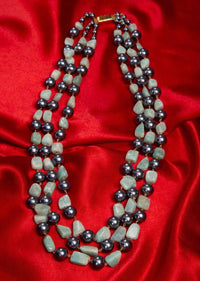 Triple string layer necklace adorn with mint green marble stone and grey pearls only on Kalki