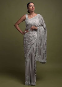 Trout Grey Saree In Satin With Cut Dana, Kundan And Sequins Embroidered Geometric Floral Pattern Online - Kalki Fashion