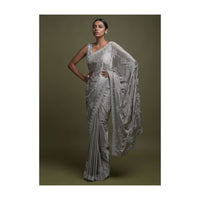 Trout Grey Saree In Satin With Cut Dana, Kundan And Sequins Embroidered Geometric Floral Pattern Online - Kalki Fashion