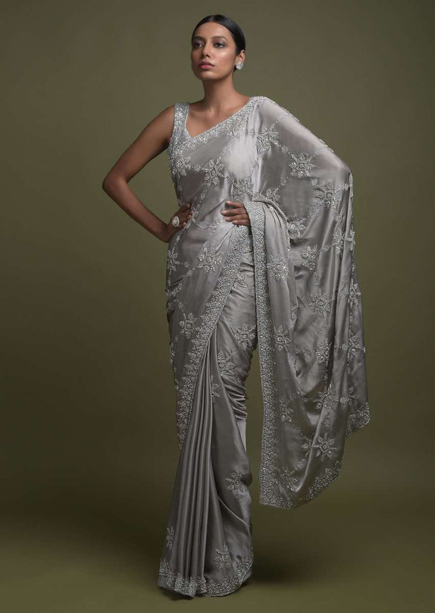 Trout Grey Saree In Satin With Cut Dana, Kundan And Sequins Embroidered Geometric Floral Pattern Online - Kalki Fashion