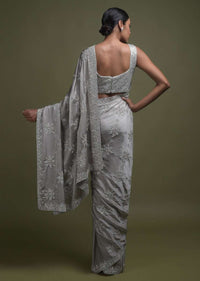 Trout Grey Saree In Satin With Cut Dana, Kundan And Sequins Embroidered Geometric Floral Pattern Online - Kalki Fashion