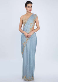 True Blue Saree In Organza With Zardosi Floral Embroidered Border Online - Kalki Fashion