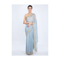 True Blue Saree In Organza With Zardosi Floral Embroidered Border Online - Kalki Fashion