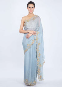 True Blue Saree In Organza With Zardosi Floral Embroidered Border Online - Kalki Fashion