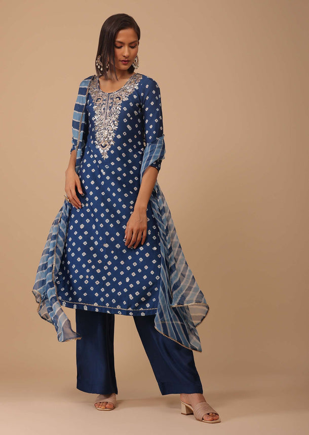 Persian Blue Embroidered Bandhani Printed Chanderi Palazzo Suit With Leheriya Dupatta