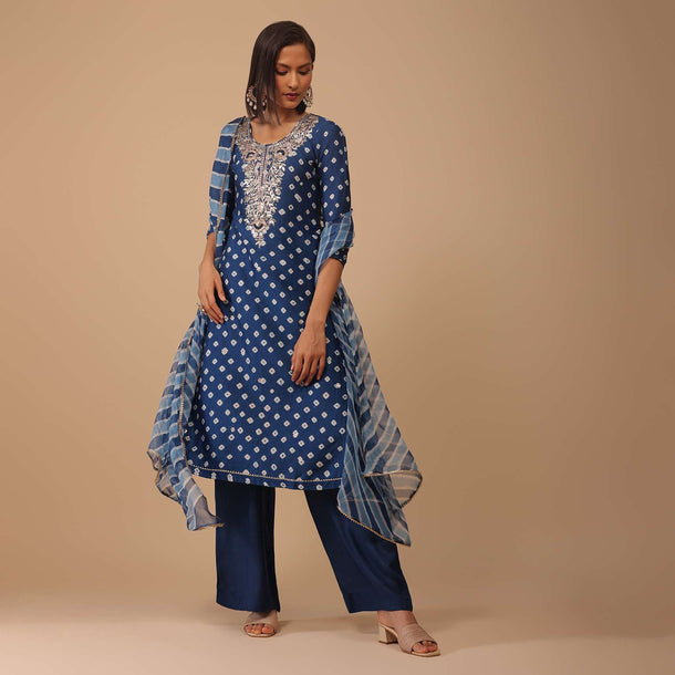 Persian Blue Embroidered Bandhani Printed Chanderi Palazzo Suit With Leheriya Dupatta