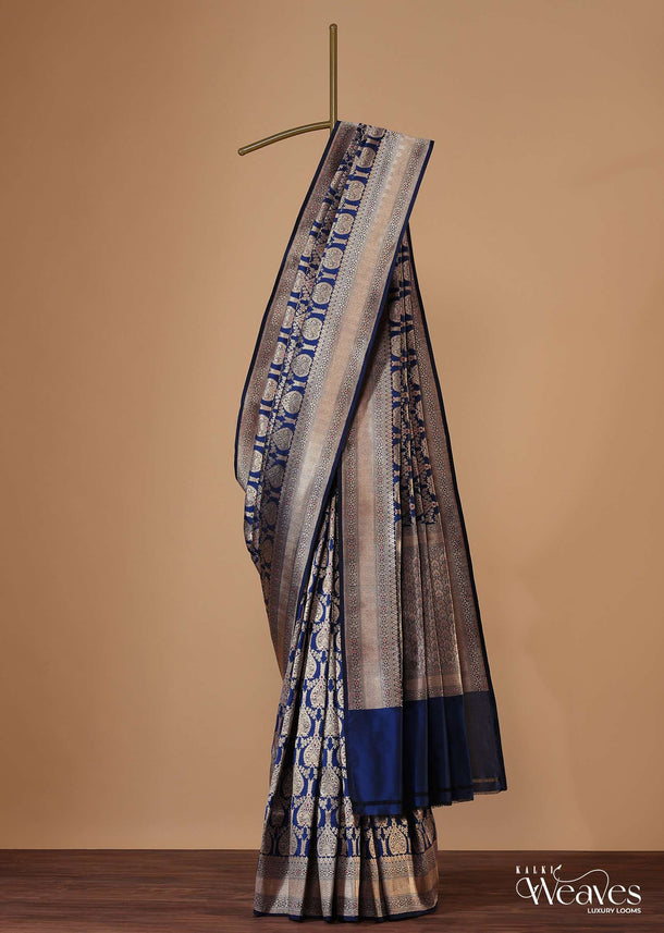 Indigo Blue Saree In Uppada Silk With Meenakari Butti Work And Unstitched Blouse