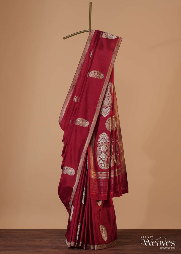 Scarlet Red Banarasi Silk Saree In Kadhva Weave With Unstitched Blouse