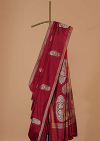 Scarlet Red Banarasi Silk Saree In Kadhva Weave With Unstitched Blouse
