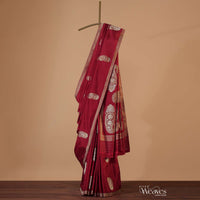 Scarlet Red Banarasi Silk Saree In Kadhva Weave With Unstitched Blouse