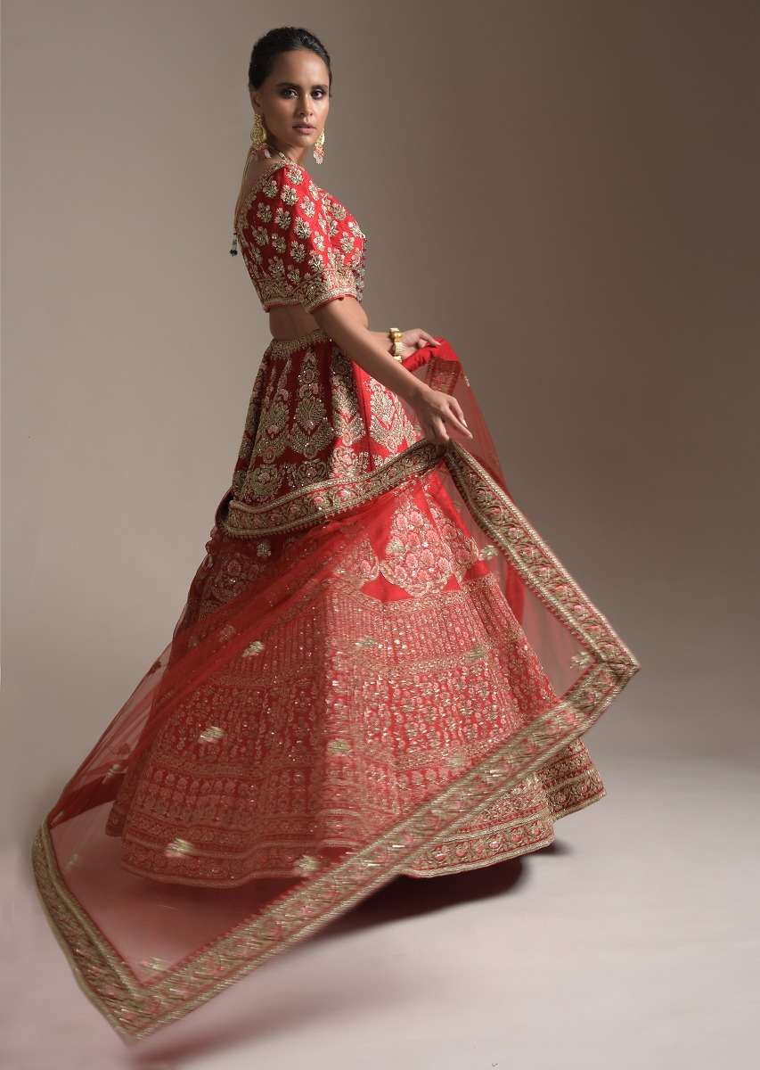 Turkey Red Lehenga Choli With Floral Motifs On The Kali And Hemline