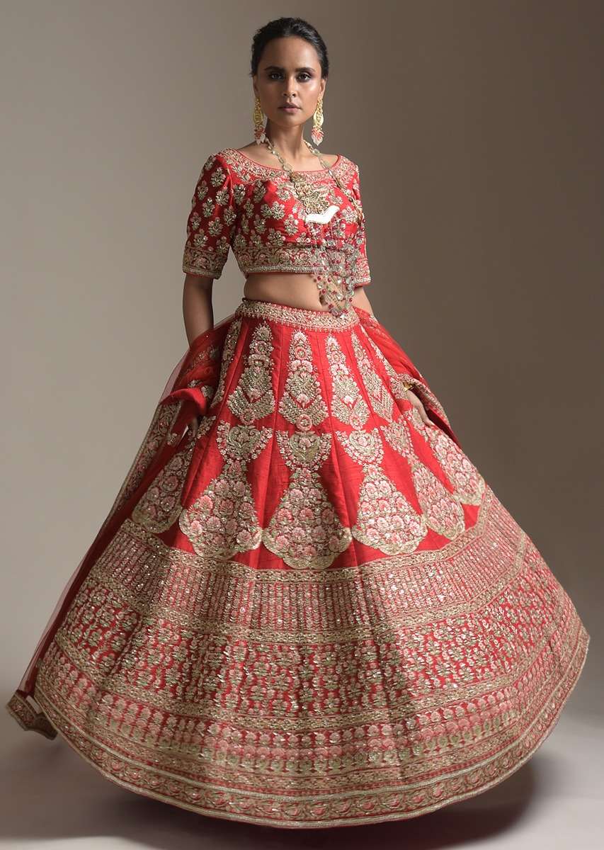 Turkey Red Lehenga Choli With Floral Motifs On The Kali And Hemline