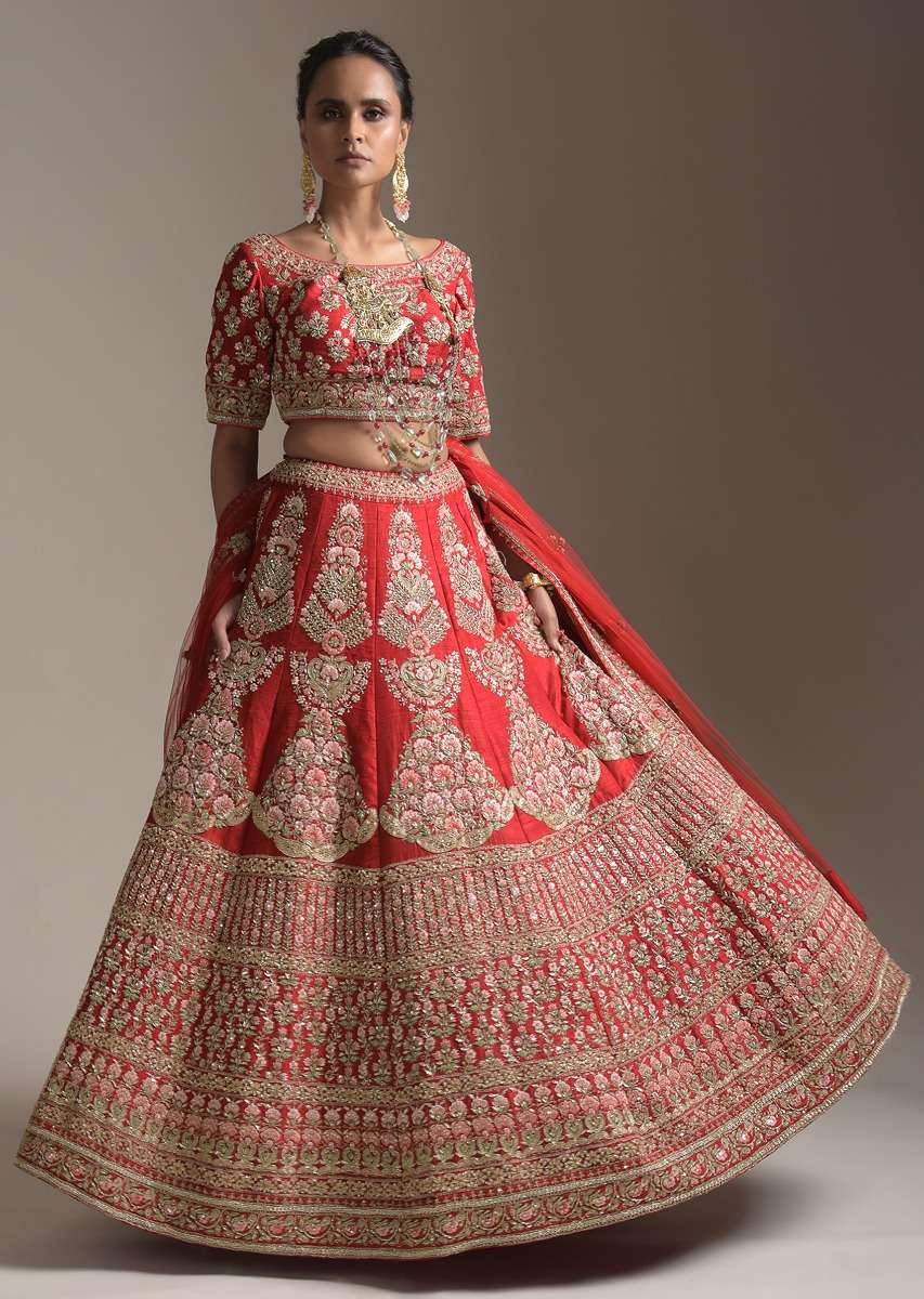 Turkey Red Lehenga Choli With Floral Motifs On The Kali And Hemline