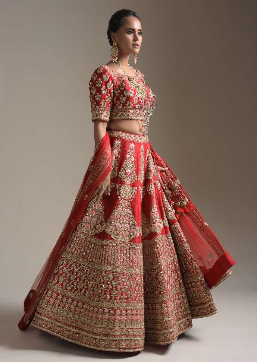 Turkey Red Lehenga Choli With Floral Motifs On The Kali And Hemline