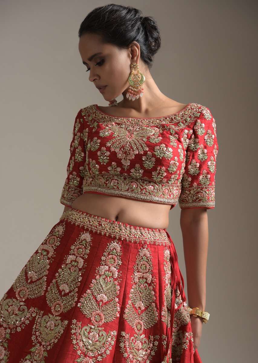 Turkey Red Lehenga Choli With Floral Motifs On The Kali And Hemline